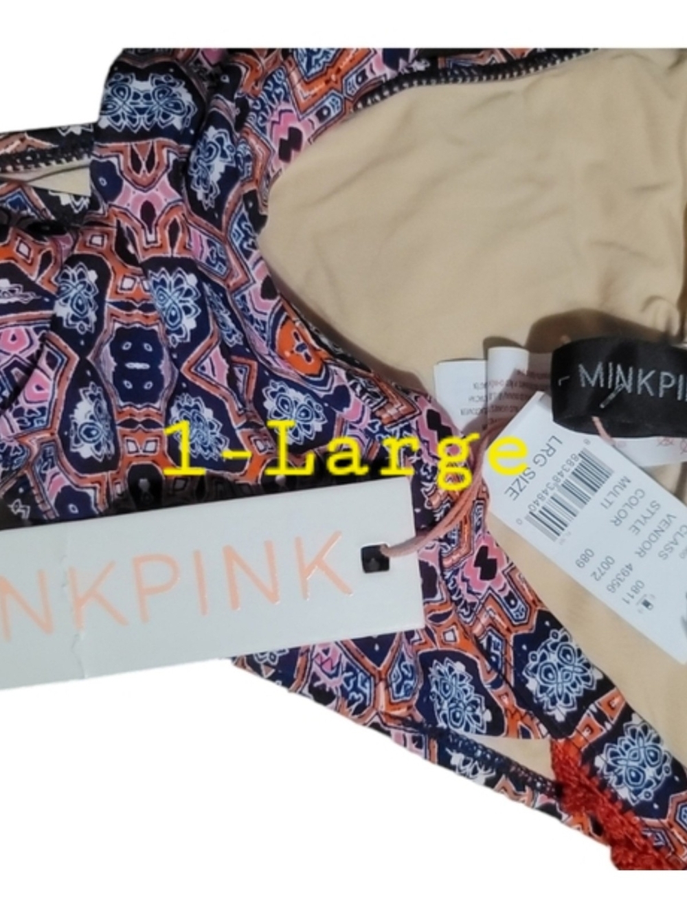 MINKPINK - Large Pink, Navy & Orange Paisley Bikini Bottoms with Lace Trim - Picture 3 of 5